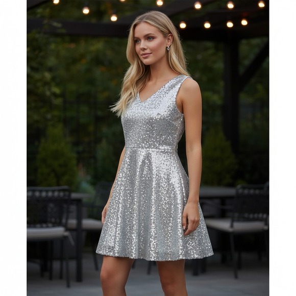 Dressever Dresses & Skirts - Dressever Sequin Fit and Flare Dress Womens Large Silver V-Neck Sleeveless Party